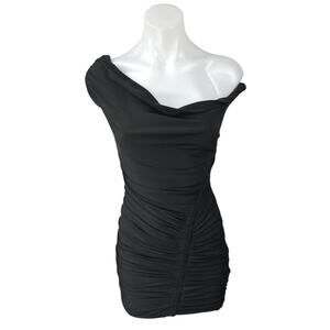 Club L Coco Black Off The Shoulder Asymmetric Bardot Ruched Mini Bodycon Dress 2